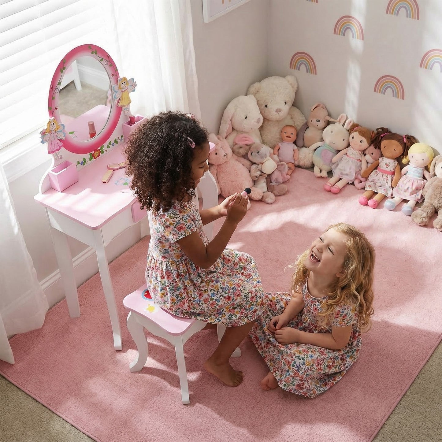 Kids Vanity Set Floral Printed Wooden Makeup Dressing Princess Table
