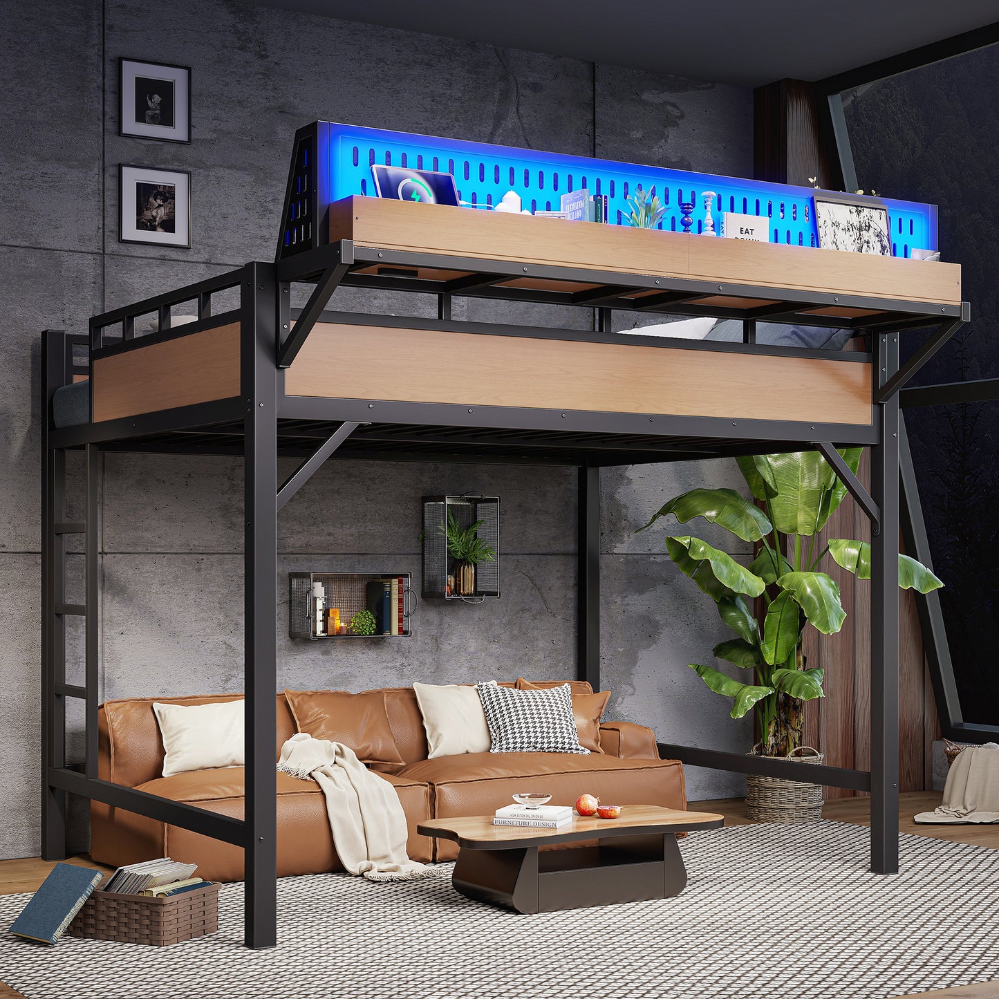 Queen Size Loft Bed Frame with Storage Shelves & USB Ports