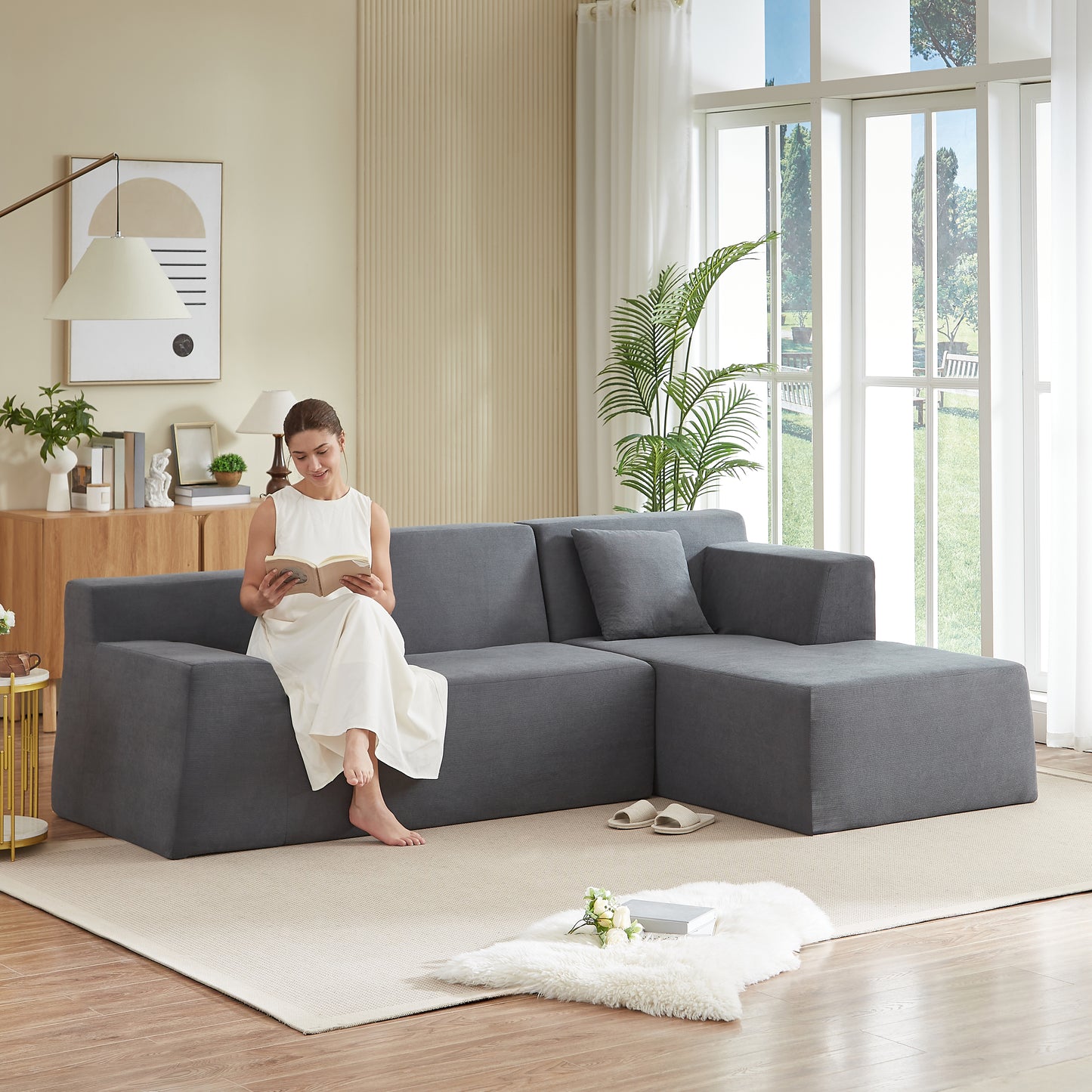 Modern L-Shaped Corduroy High Back Sofa - Dark Gray