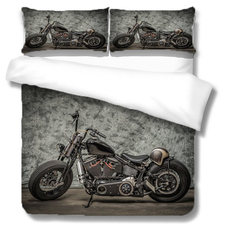 Dark Retro Motorcycle Quilt Cover Set - Bedding with Cartoon Pattern