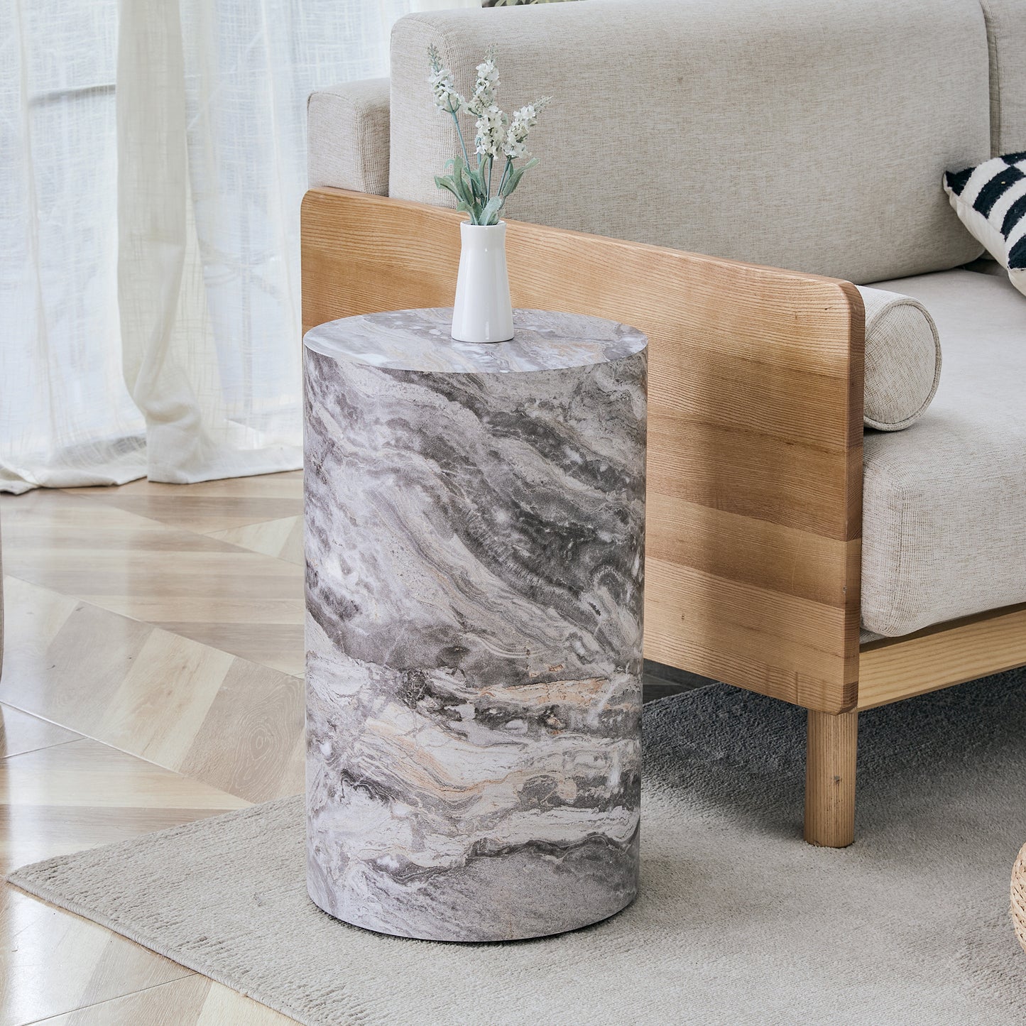 Simple Grey Marble Textured Cylindrical Coffee Table, 12-inch