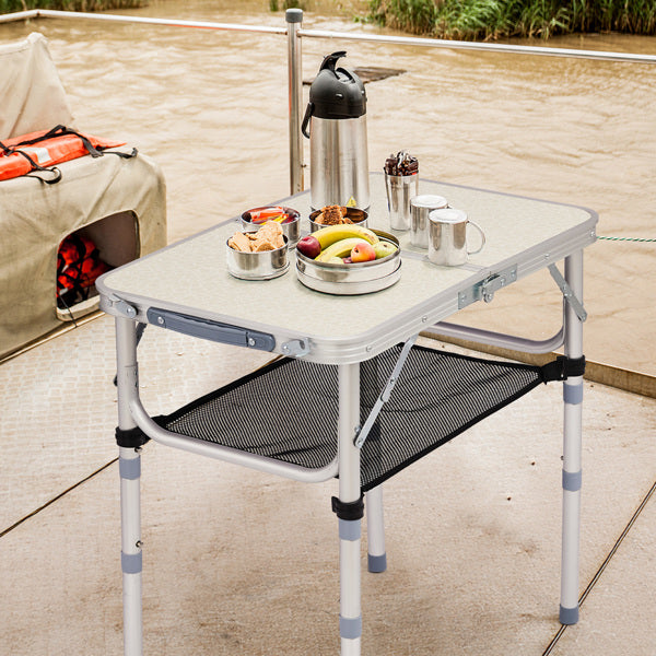 Portable Folding Camping Table - 2ft Aluminum Picnic Side Table with 3 Adjustable Heights and Carry Handle, White