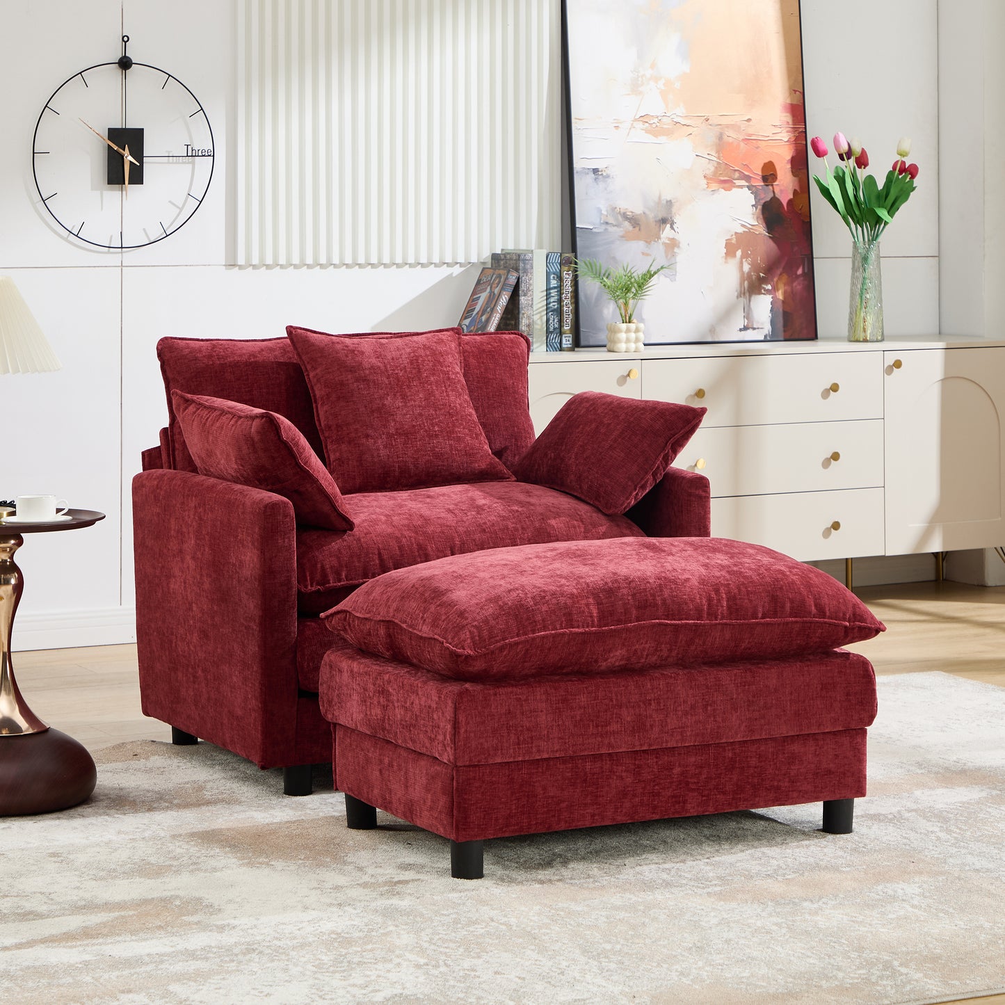 Modern Accent Chair with Ottoman - Wine Red Chenille Upholstery