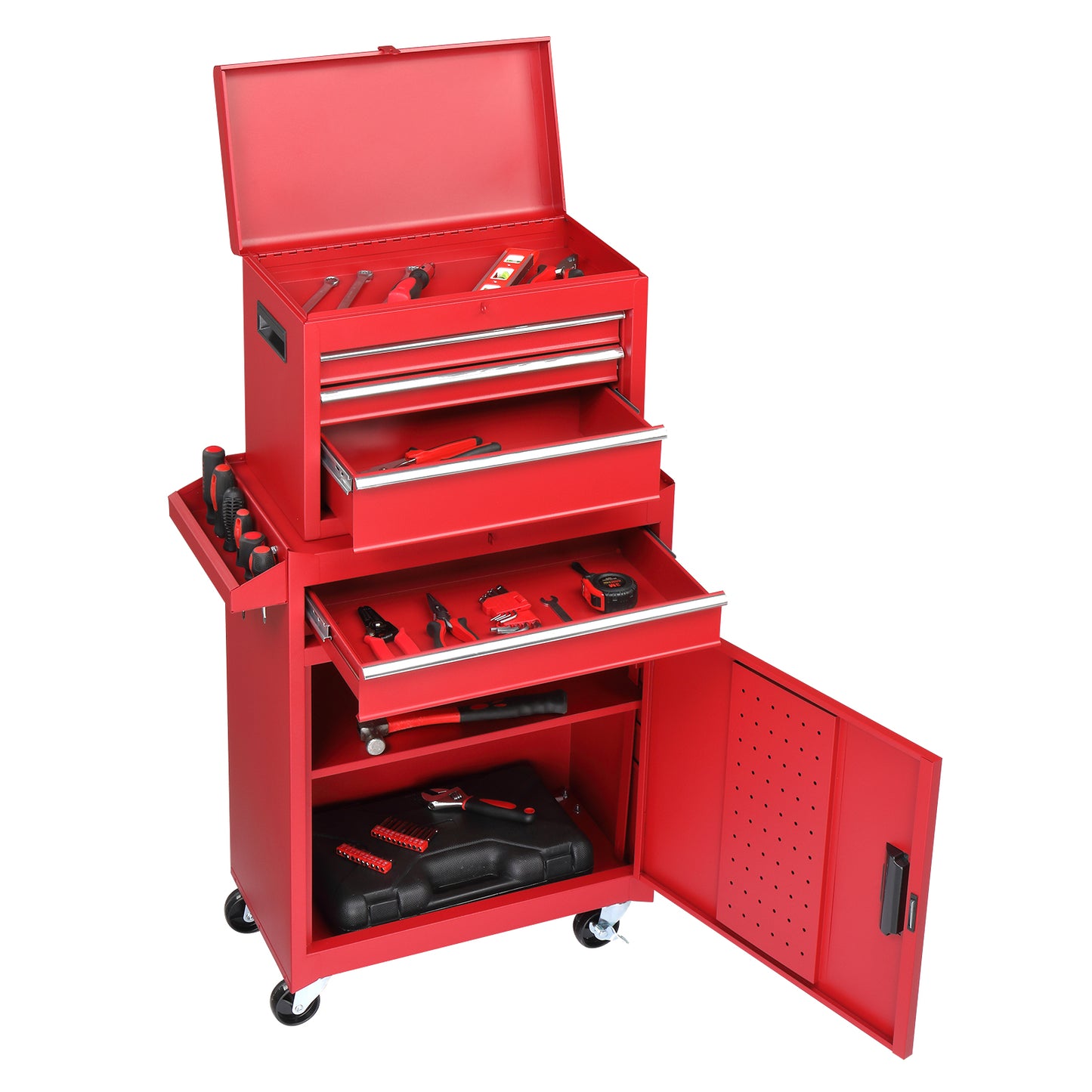 4-Drawer Steel Tool Cabinet with Lock - Heavy Duty Service Cart in Red