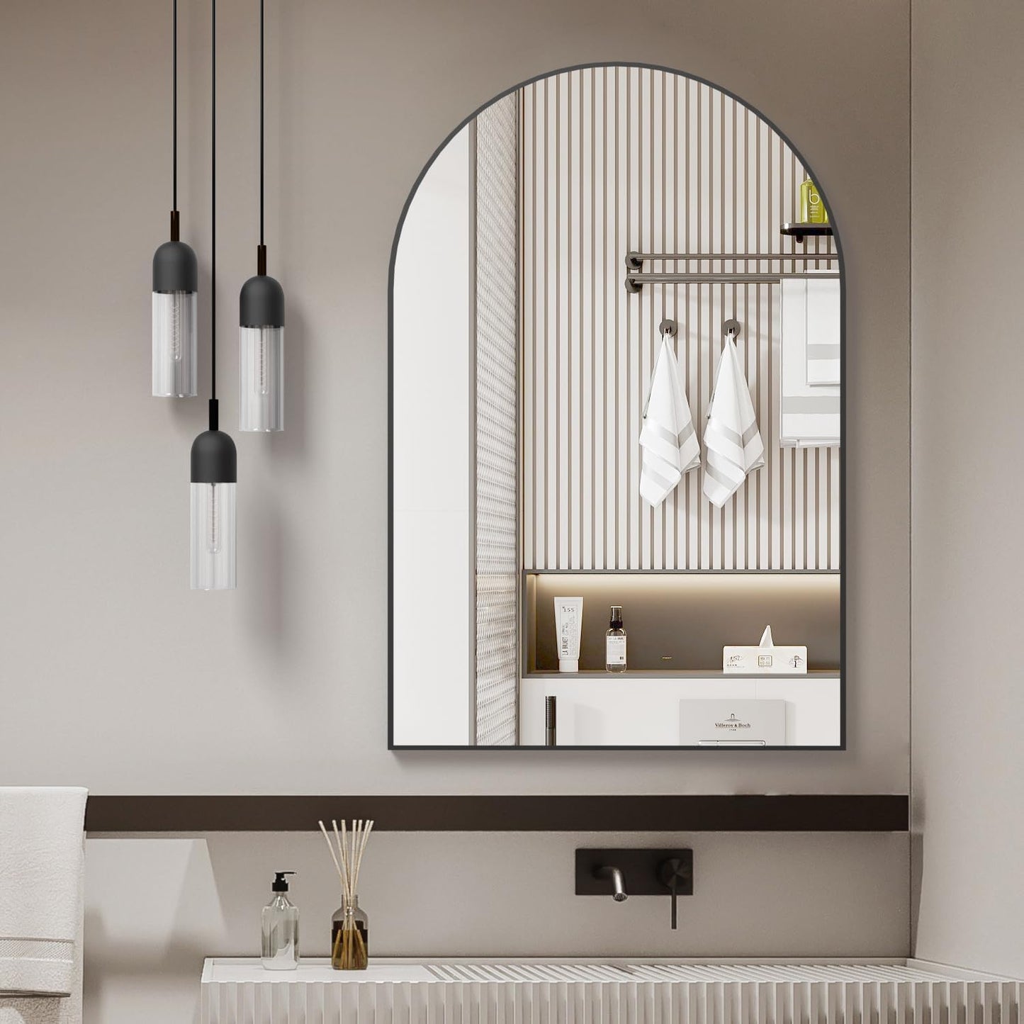 24x32 Inch Black Metal Framed Arched Bathroom Mirror