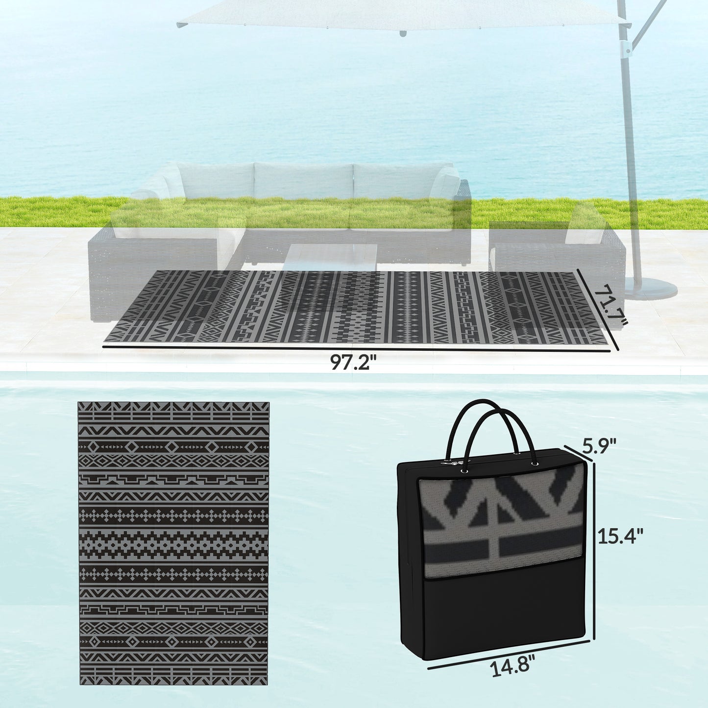 Reversible Outdoor Rug - Waterproof Polypropylene, 6' x 9', Black & Gray Geometric