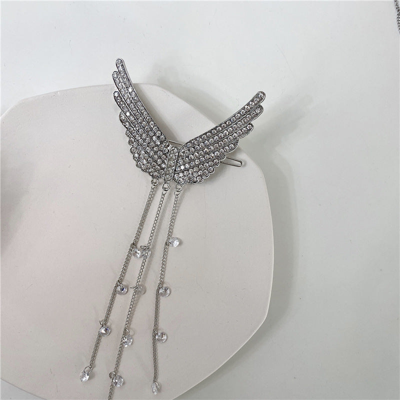 Rhinestone Wings Hairpin with Tassel - Silver