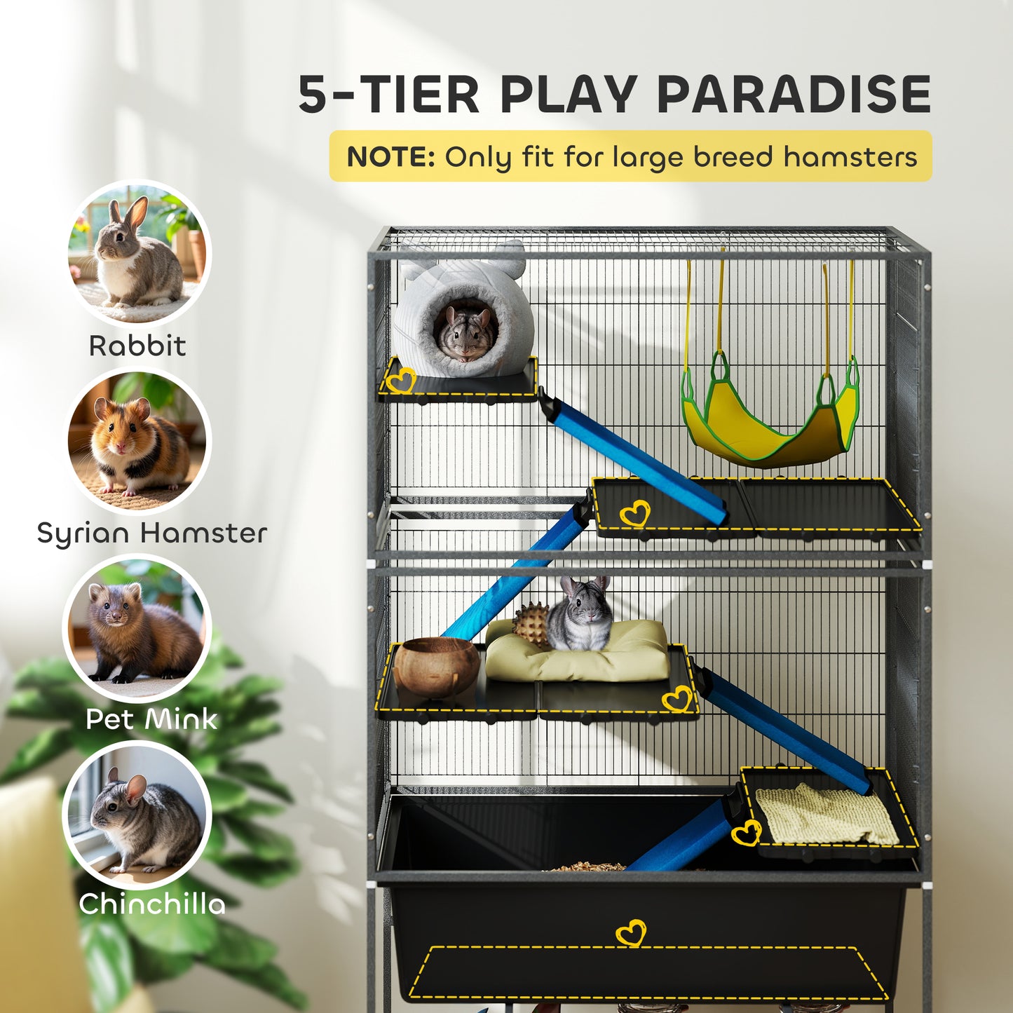 59-Inch Small Animal Cage with 5 Levels, Rolling Ferret Cage, Deep Tray & Ramps