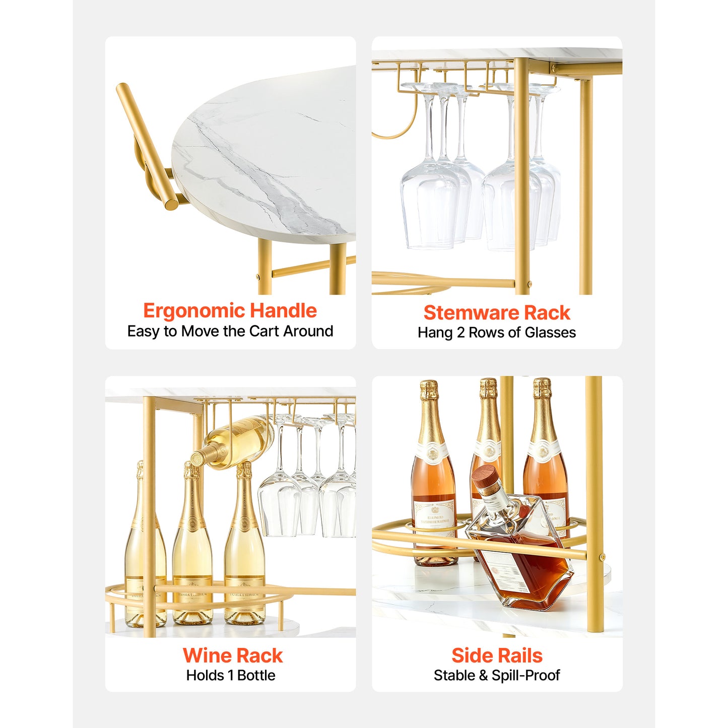 Bar Cart with 3 Tiers, Wooden Shelf, Wine Rack & Glass Holder - Gold Rolling Serving Trolley