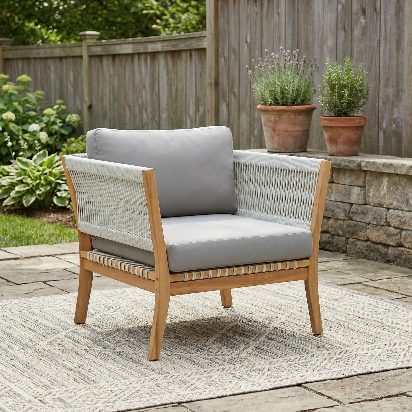 Outdoor Acacia Wood Lounge Chair with Thick Cushions - Natural & Grey
