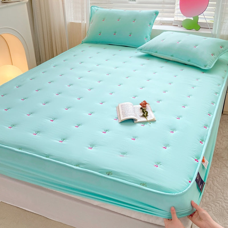 Washed Cotton Fitted Bed Sheet Set with Embroidery - Multiple Sizes & Patterns