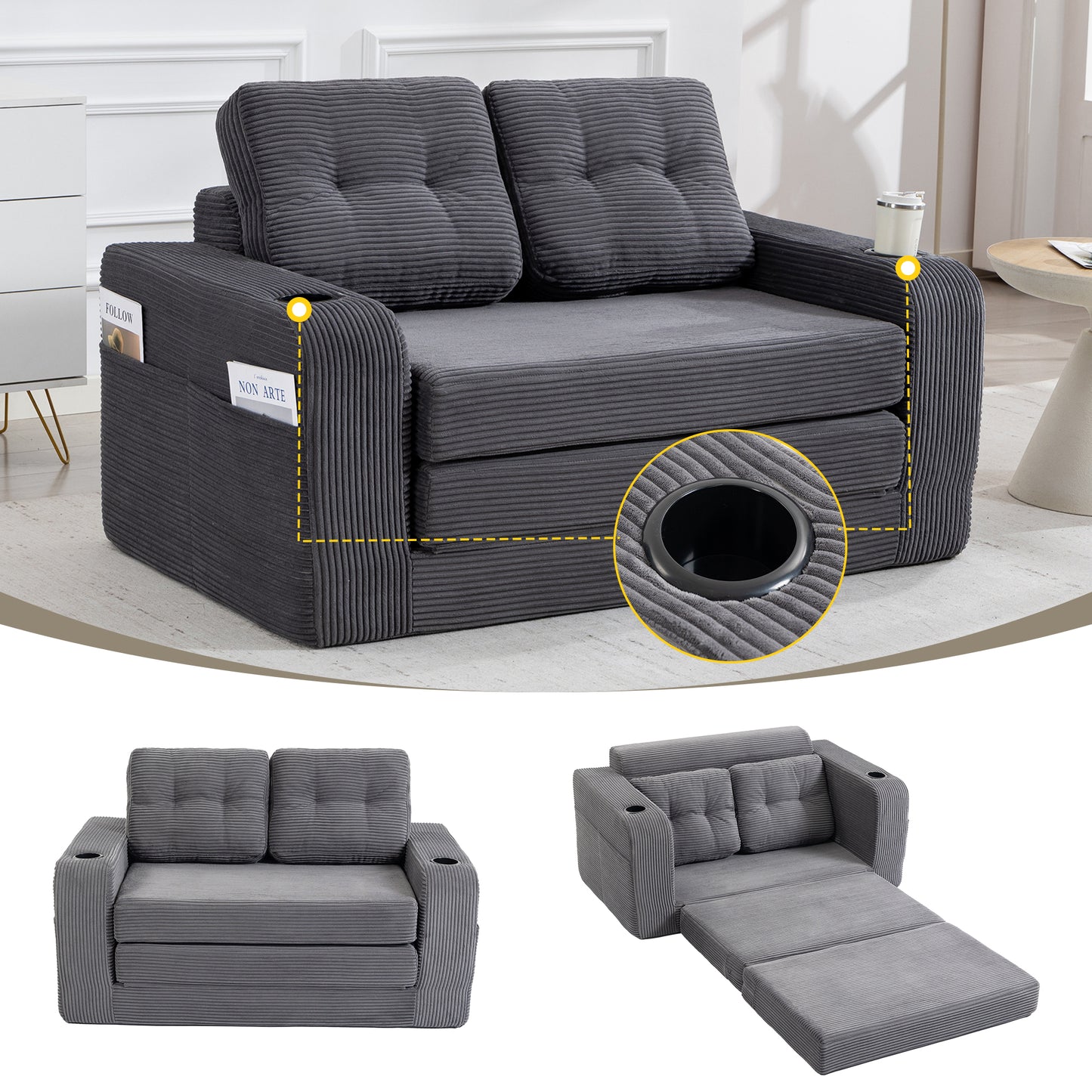 Convertible Sofa Bed - 2-in-1 Fold Out Couch with Pillows - Gray