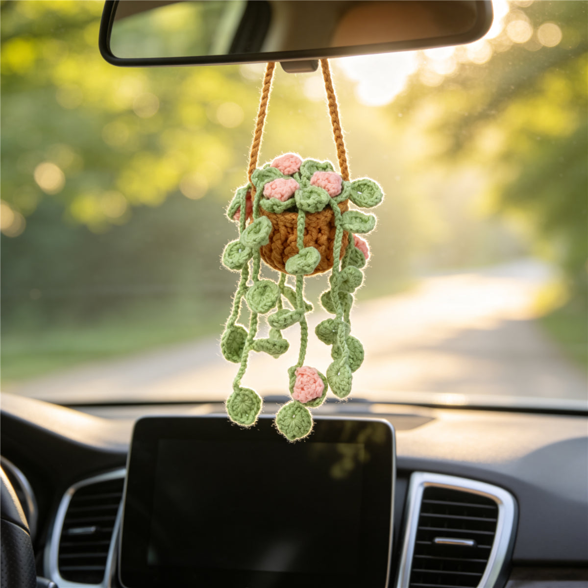 Handmade Crochet Hanging Plant Decor with Pink Flowers and Green Vines - Indoor Wall Art
