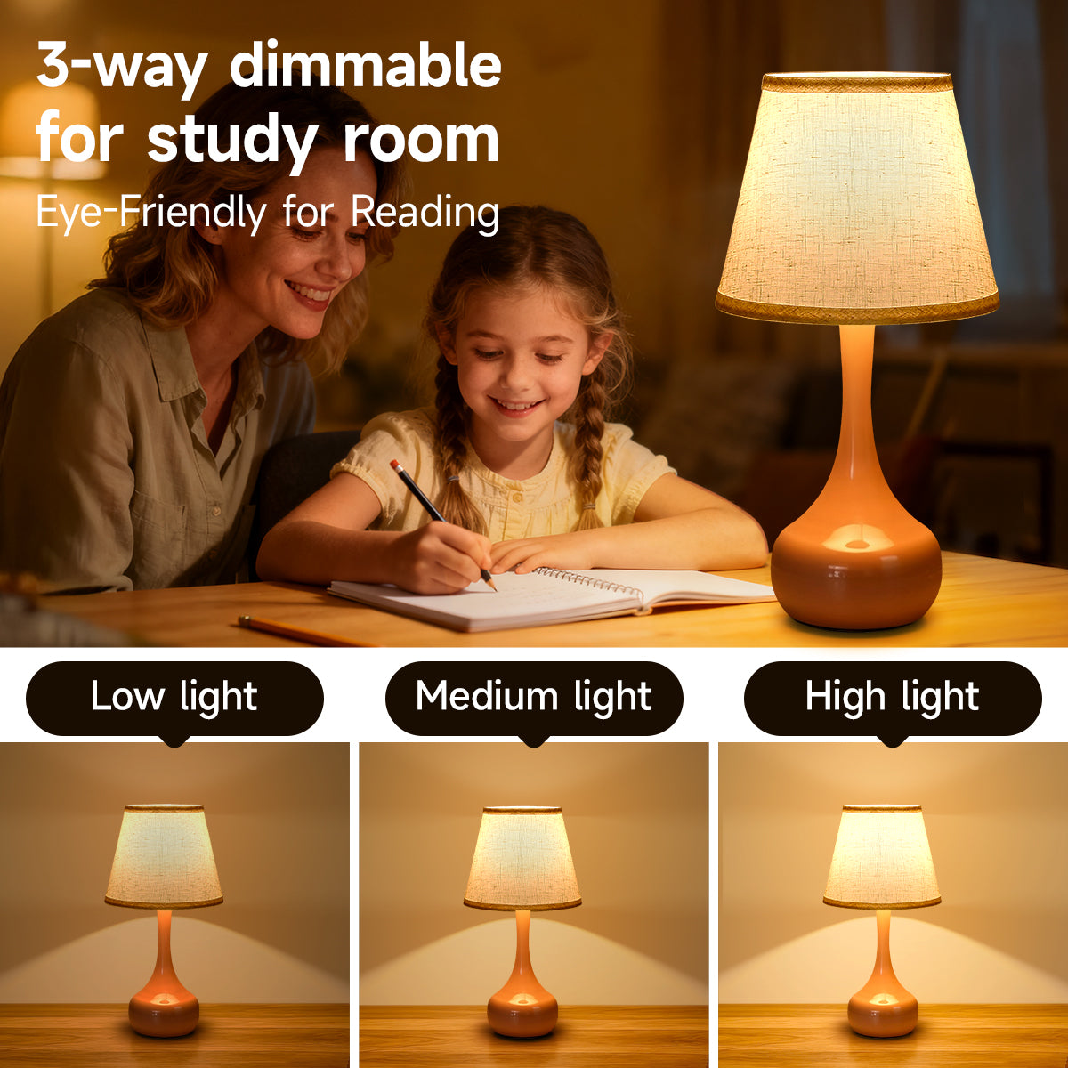 Dimmable Touch Table Lamp Set - Pink Bedside Lamps with LED Bulbs