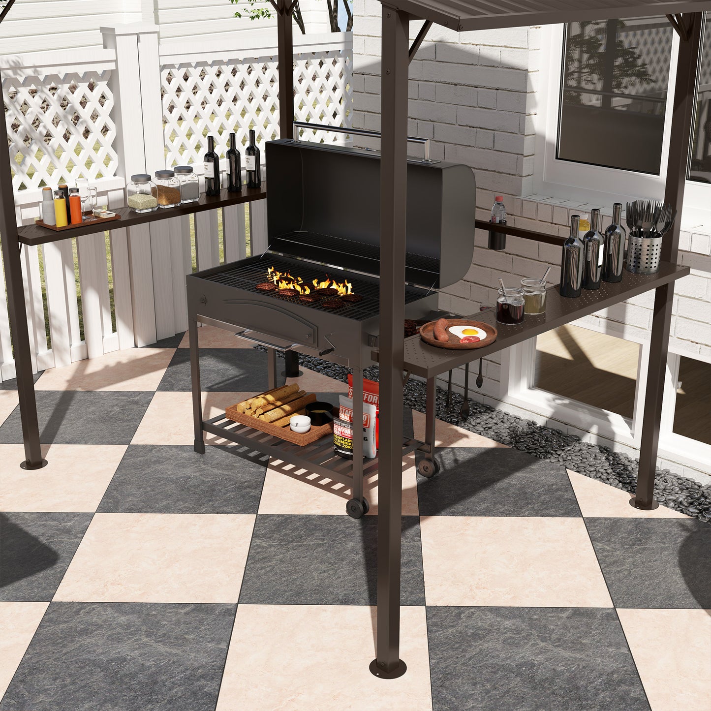 8x5ft Hardtop Grill Gazebo with Double Metal Roof & Cup Holders