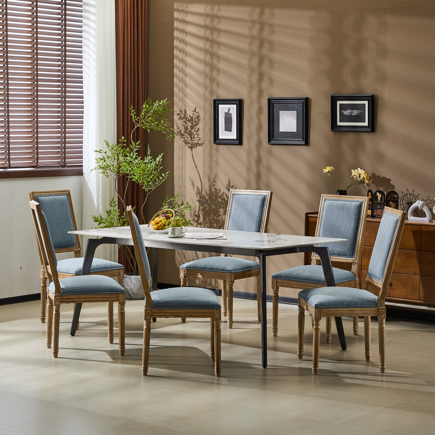 Set of 6 French Country Dining Chairs - Slate Blue Upholstered Seat