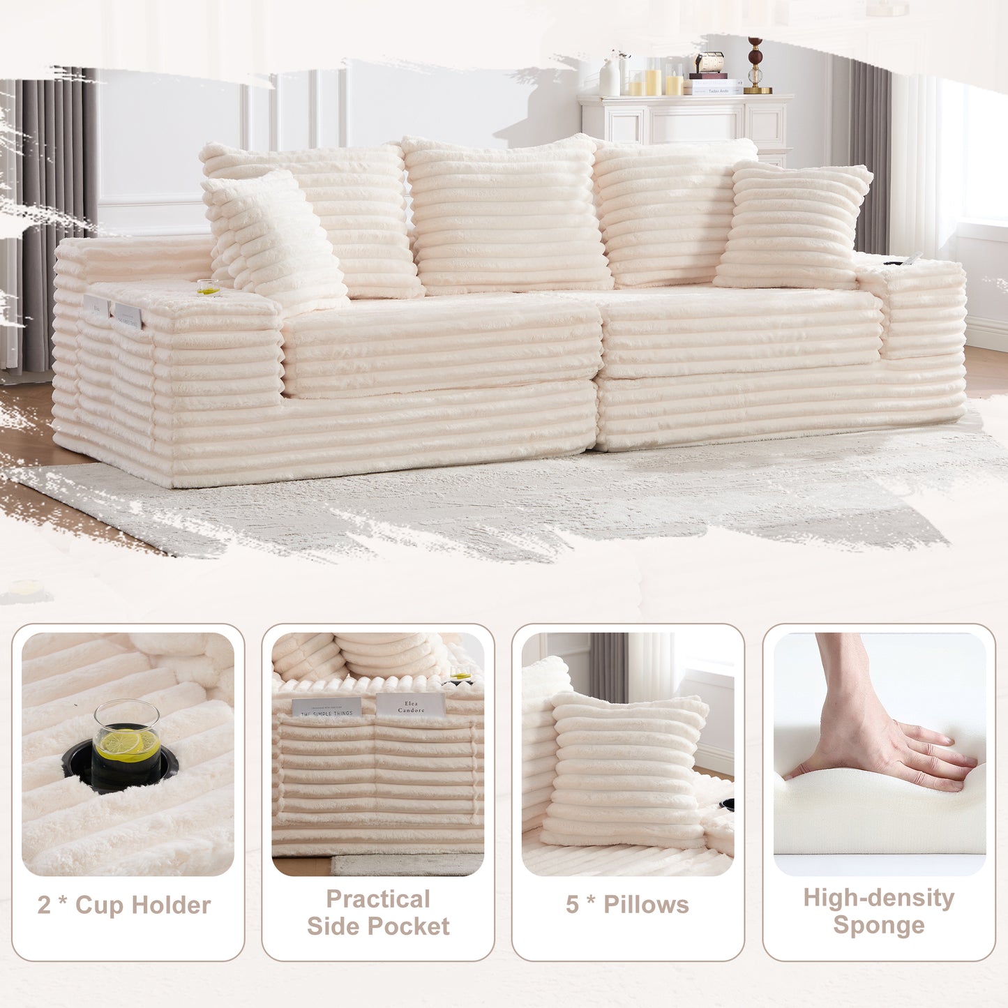 Oversized Corduroy Sofa Bed with Cup Holder & Pillows - Beige