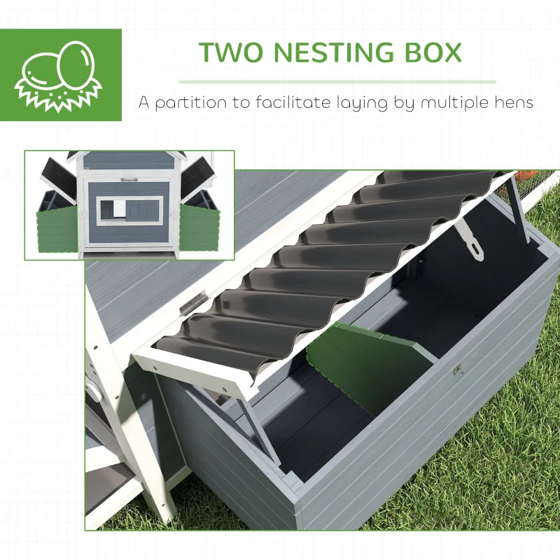 Large Wooden Chicken Coop with Run, Nesting Boxes & Waterproof Roof - Light Gray