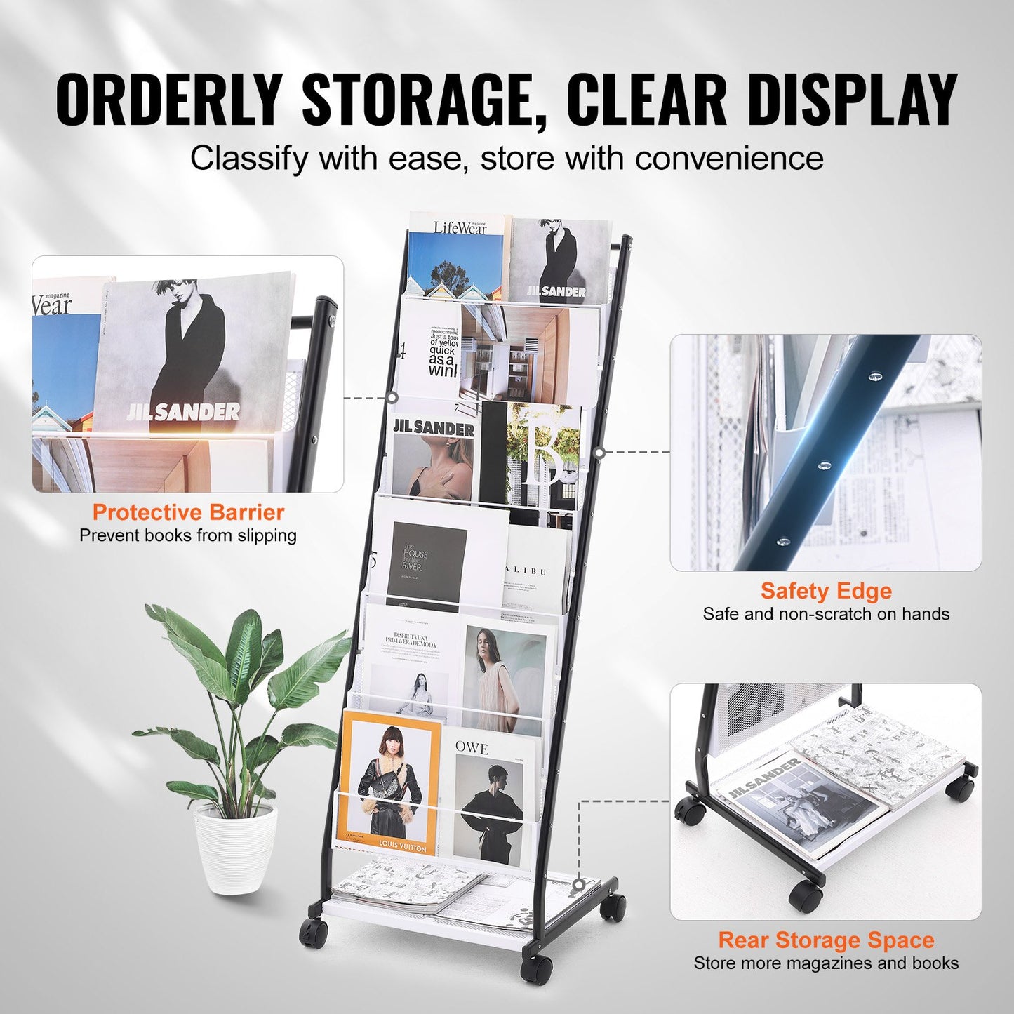 6-Tier Brochure Display Rack with Wheels - Magazine Holder