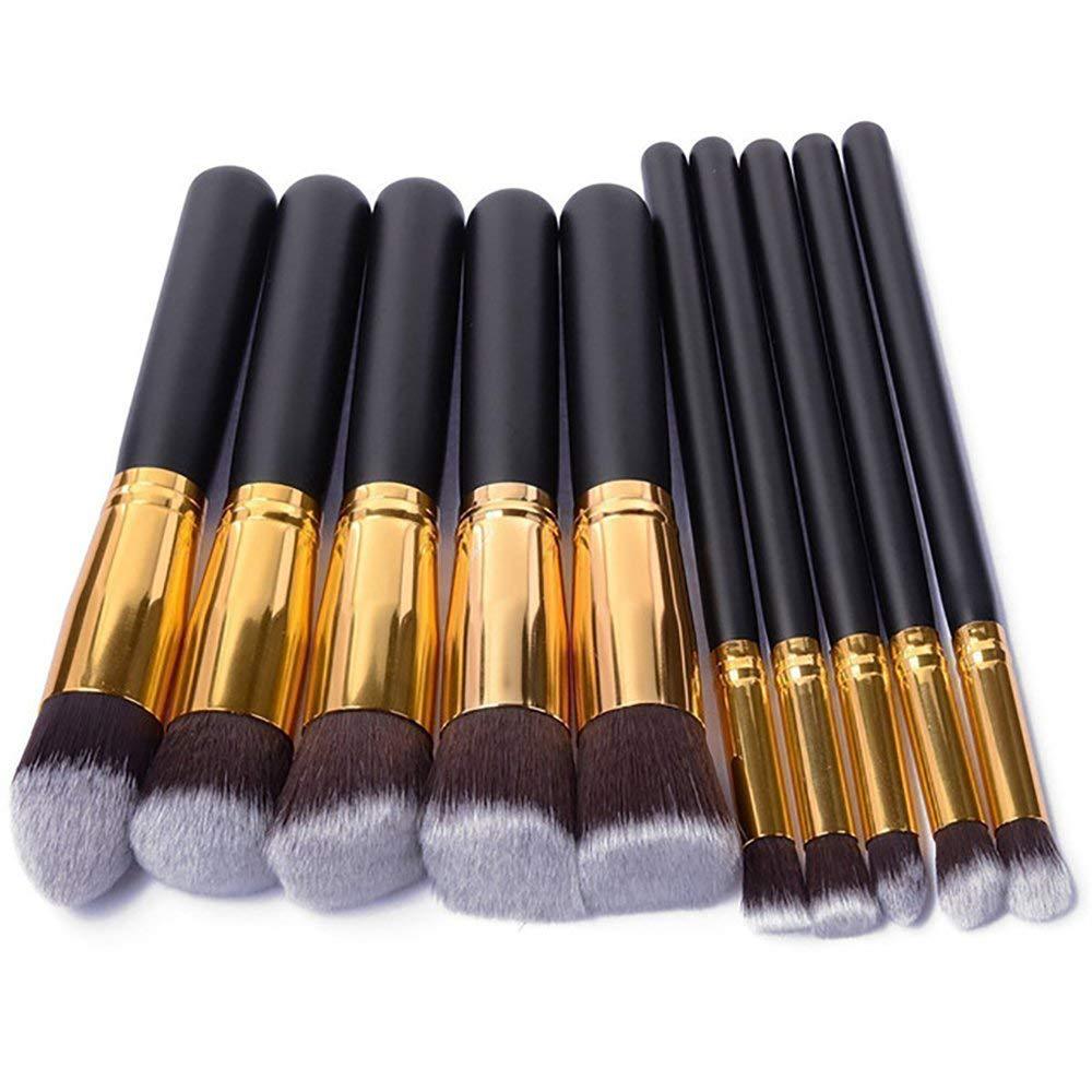 Portable Makeup Brush Set with Wooden Handles - 10-Piece Cosmetic Tools