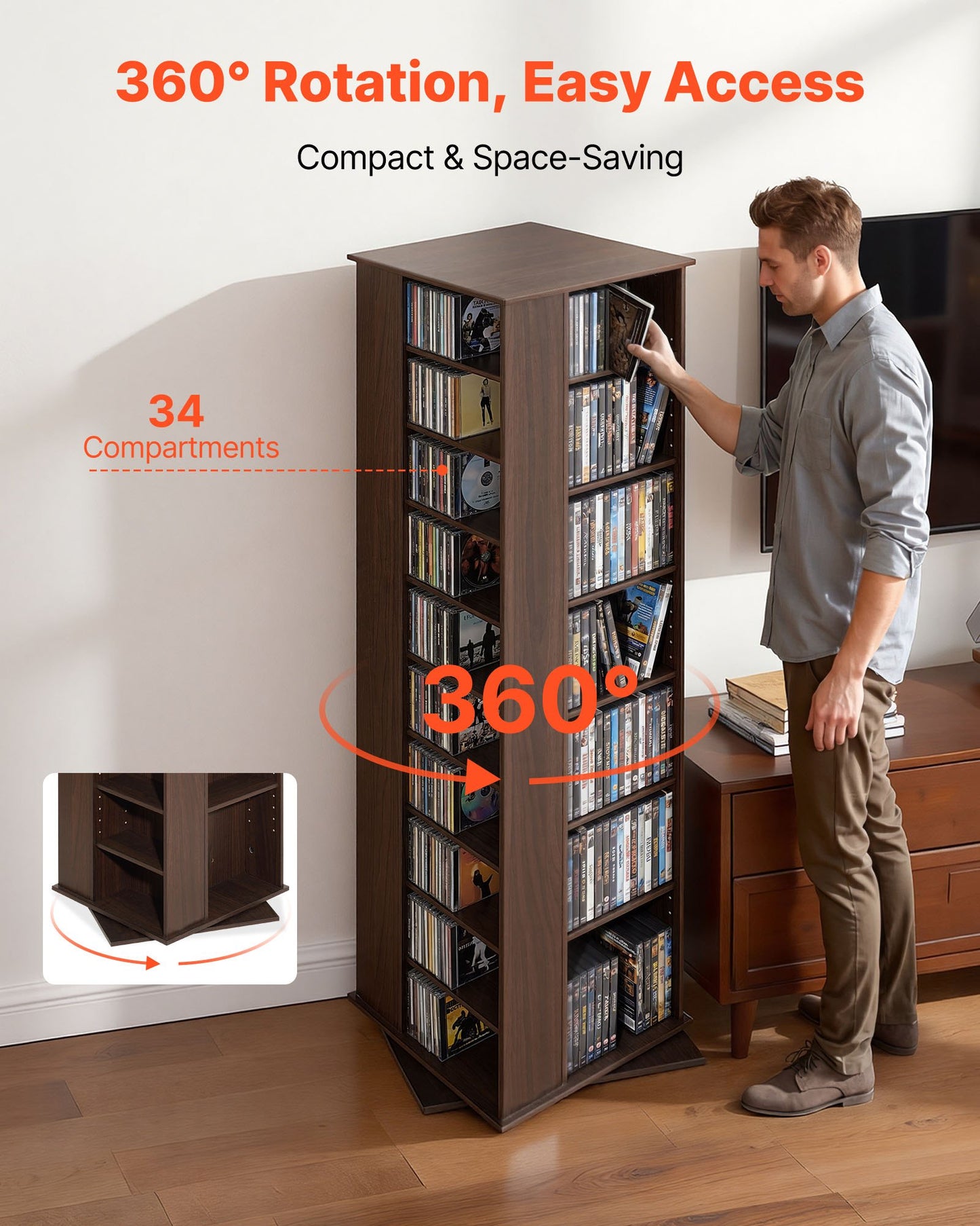 Rotating Media Storage Cabinet for CDs, DVDs, Books & Games - 34 Compartments, Adjustable Shelves, Black