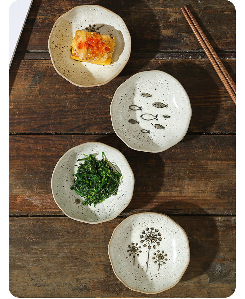 Japanese Ceramic Saucer for Condiments - Household Dish Small Fish & Sunflower Variants