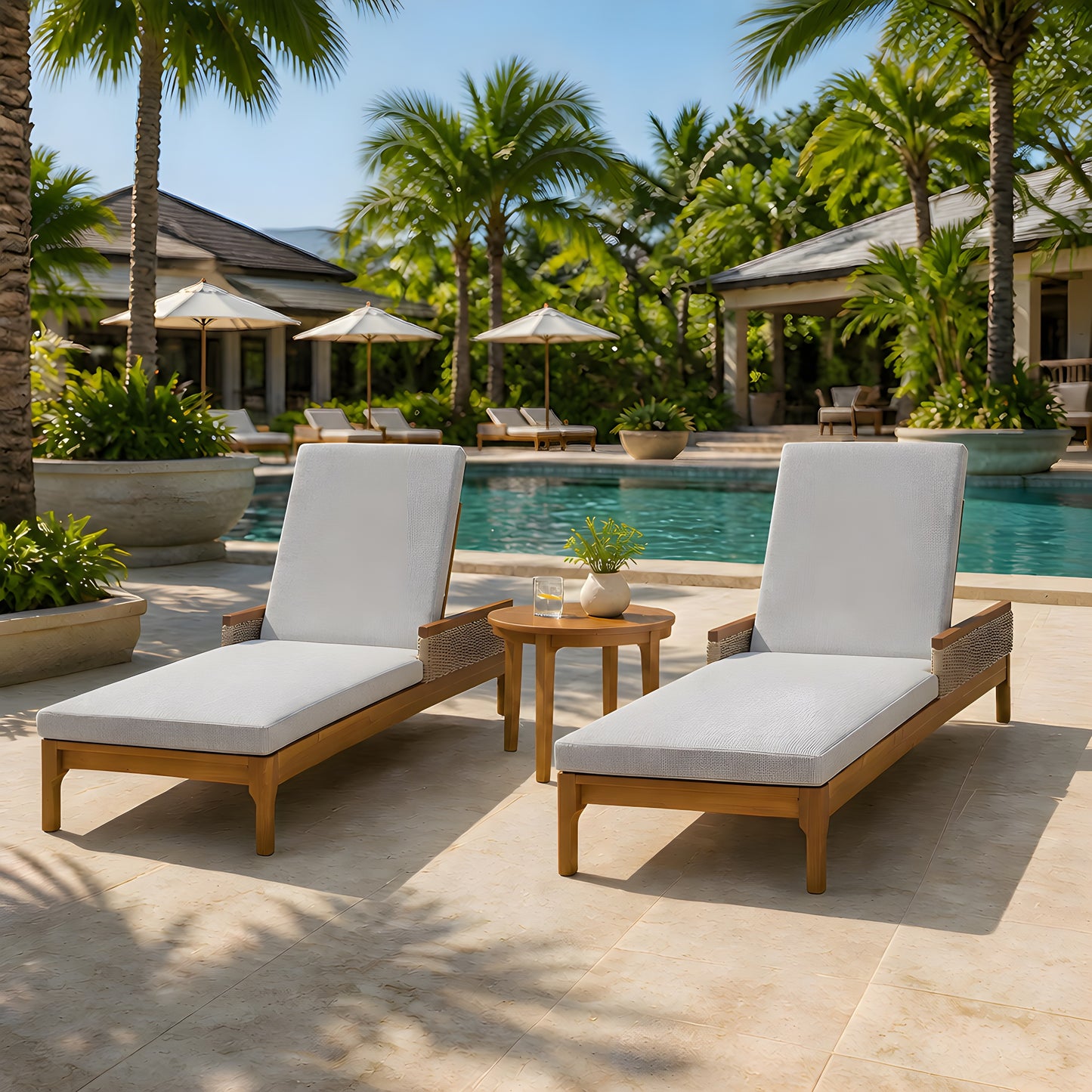 76.8" Solid Acacia Wood Sun Chaise Lounger Set of 2 - Light Grey