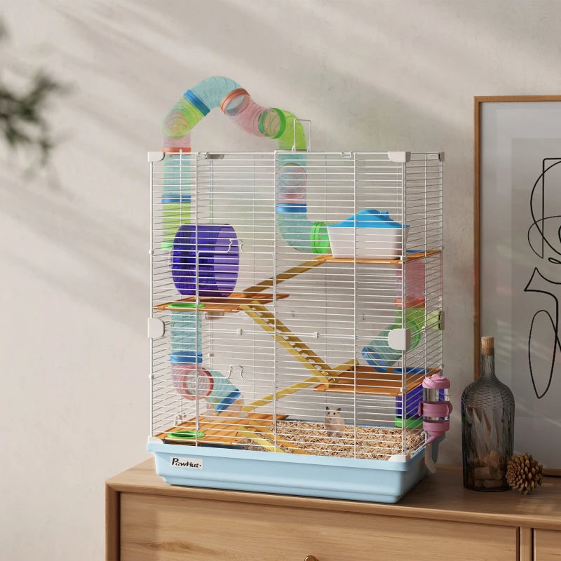 Pet Hamster Cage with Exercise Wheel and Tubes, 5 Tiers, Portable Light Blue