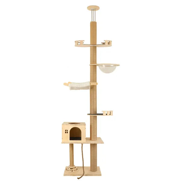 Adjustable Floor to Ceiling Cat Tree with Multi-Level Climbing Tower, Scratching Posts, Cozy Hammock & Transparent Capsule
