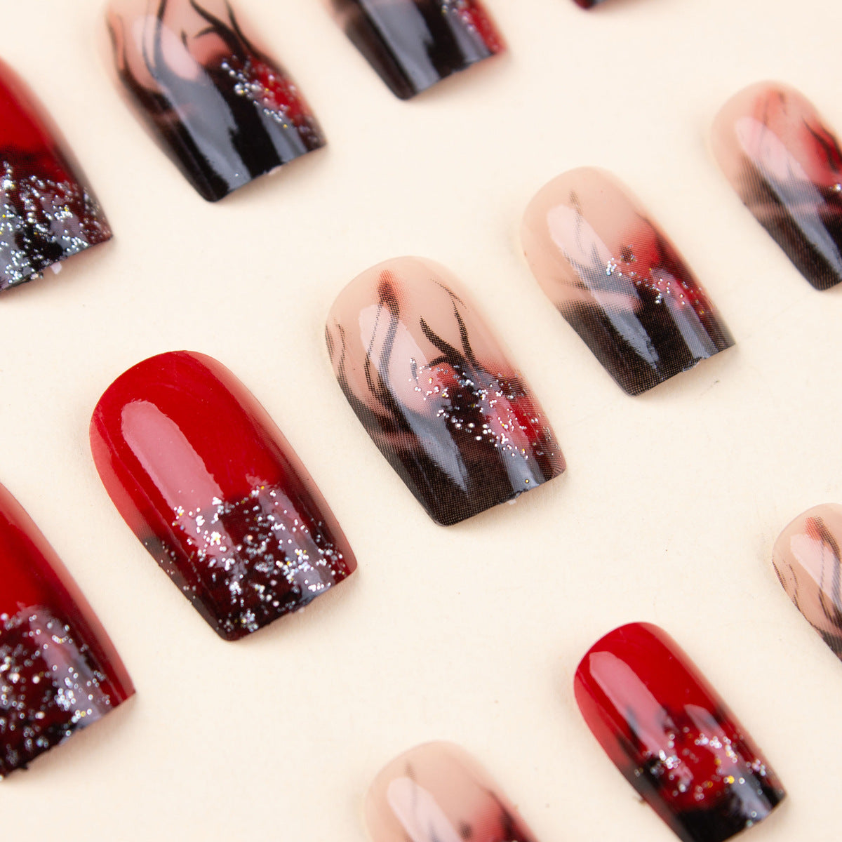Colorful Flame Nail Art Stickers & Fake Nail Patches with Glue Set