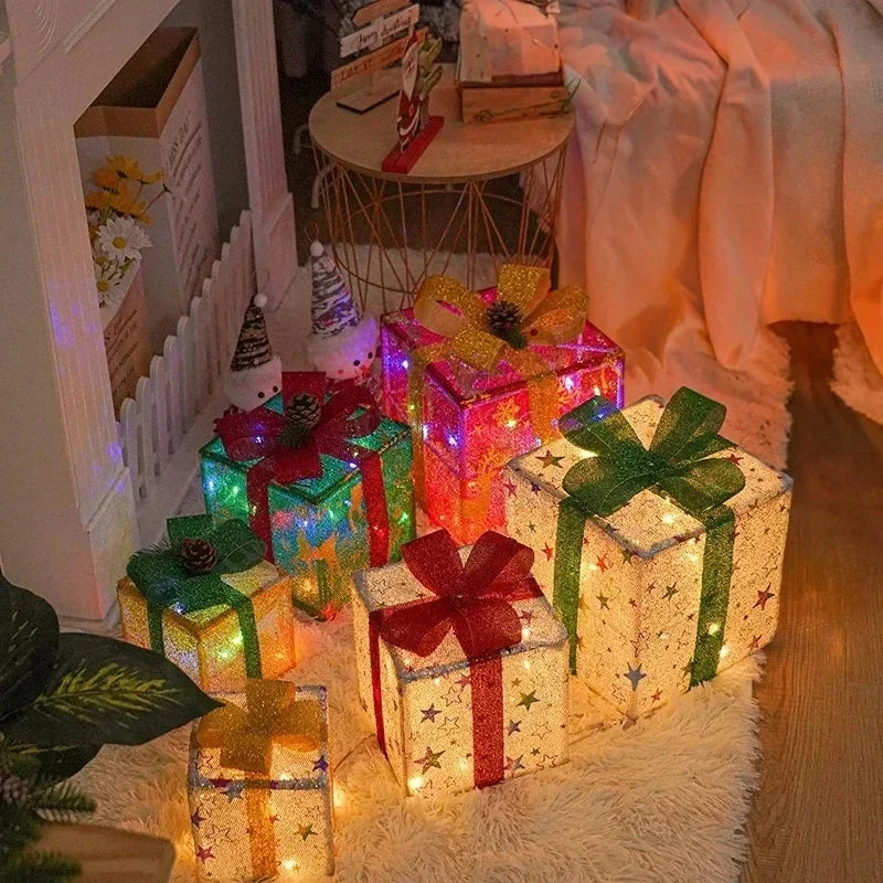 Lighted Christmas Gift Boxes Set of 3 with Remote & Bow Decor - Indoor Outdoor Holiday Decor