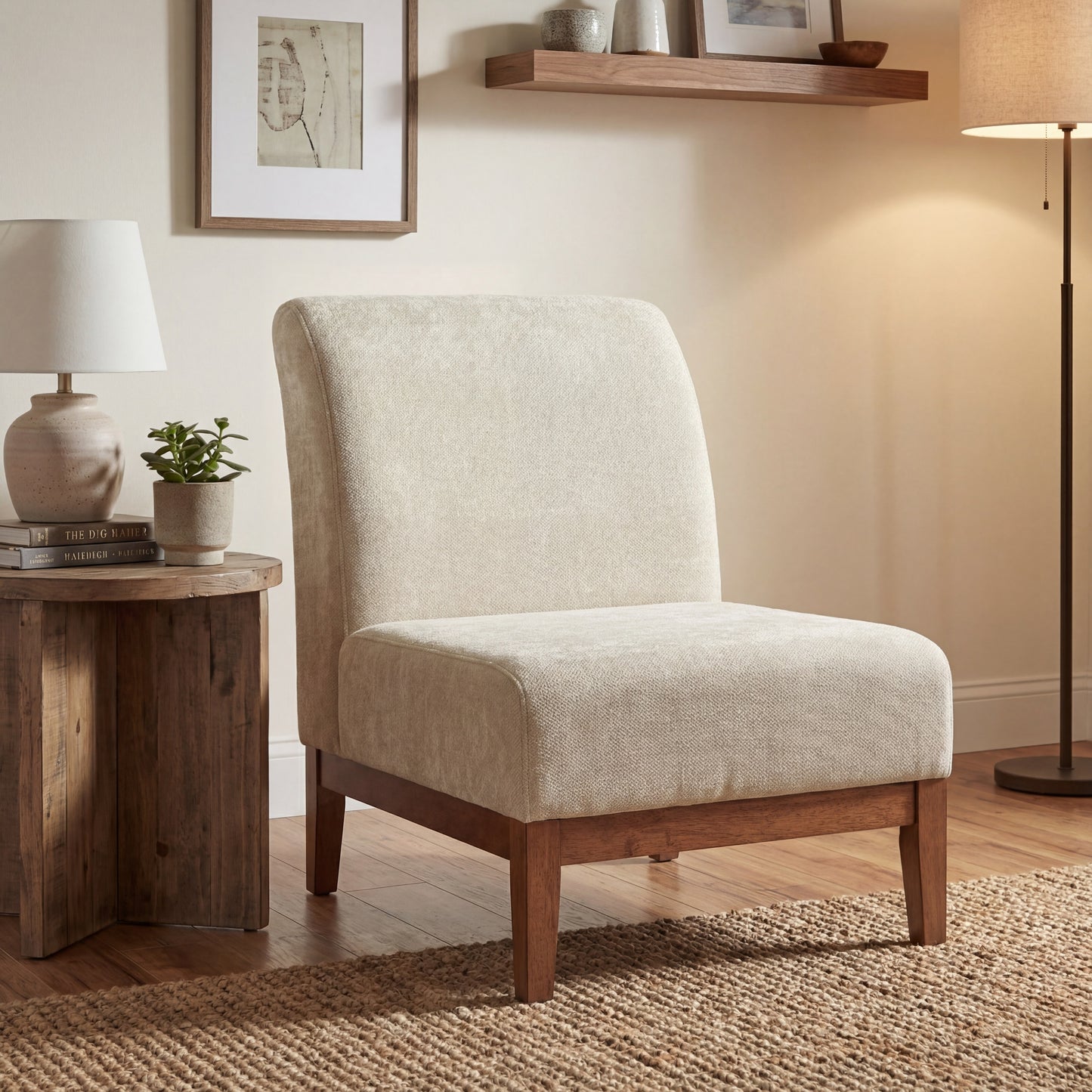 Beige Fabric Upholstered Accent Chair with Walnut Frame