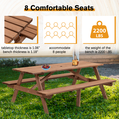 8-Person Brown Wooden Picnic Table with Benches - 2220lb Capacity