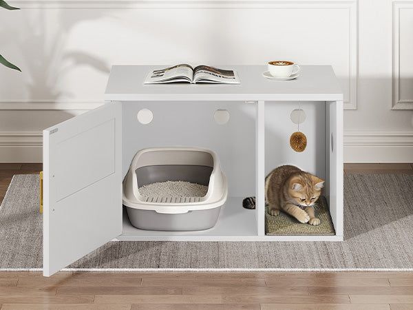 Multifunctional Cat Litter Box Cabinet with Odor Control & Side Table - White