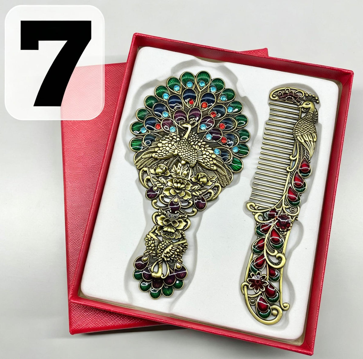 Vintage Peacock Mirror & Comb Set - Antique Metal Handheld Vanity Accessory with Gift Box