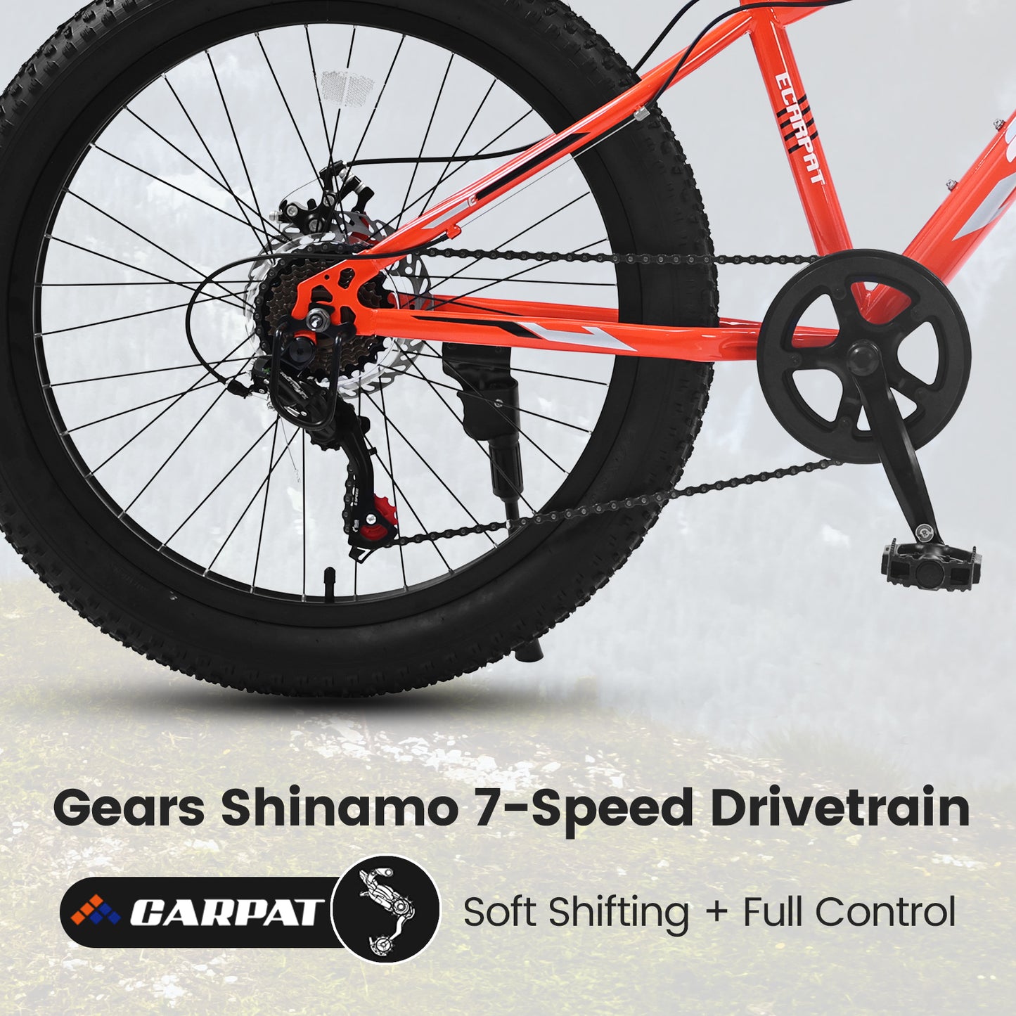 24 Inch Fat Tire Mountain Bike - Shimano 7 Speed, Dual Disc Brake, Orange