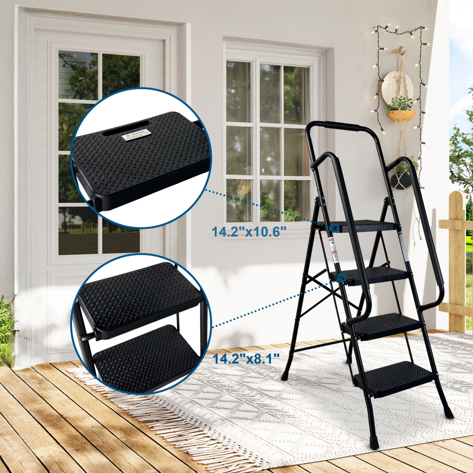 4 Step Folding Ladder Stool with Anti-Slip Pedals - Black