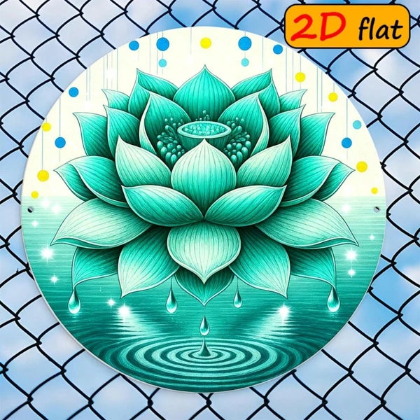 Fresh Green Lotus Droplet Round Sign - 7.87 inch Metal Plaque