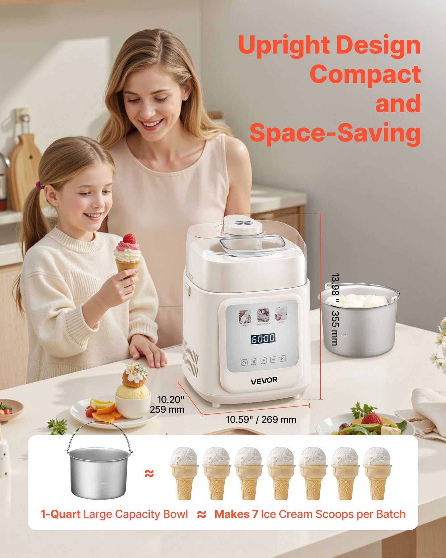 1 Quart Automatic Ice Cream Maker with Built-in Compressor - No Pre-Freezing, White