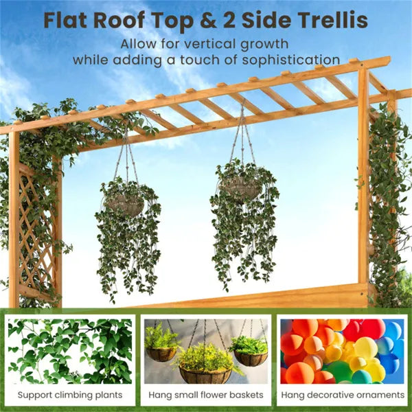 Wooden Raised Garden Bed with Trellis & Flat Roof - Planter Box for Climbing Plants Vegetables Flowers