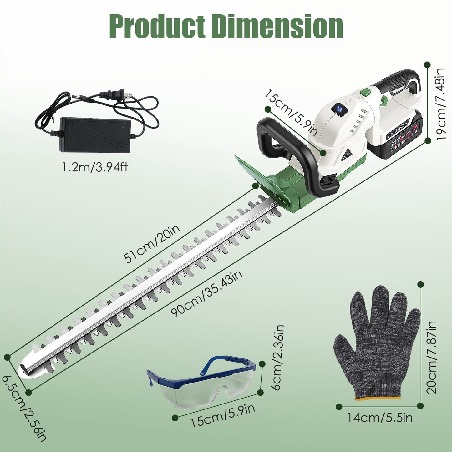 Cordless Hedge Trimmer 21V with Dual Action Blades & Adjustable Handle