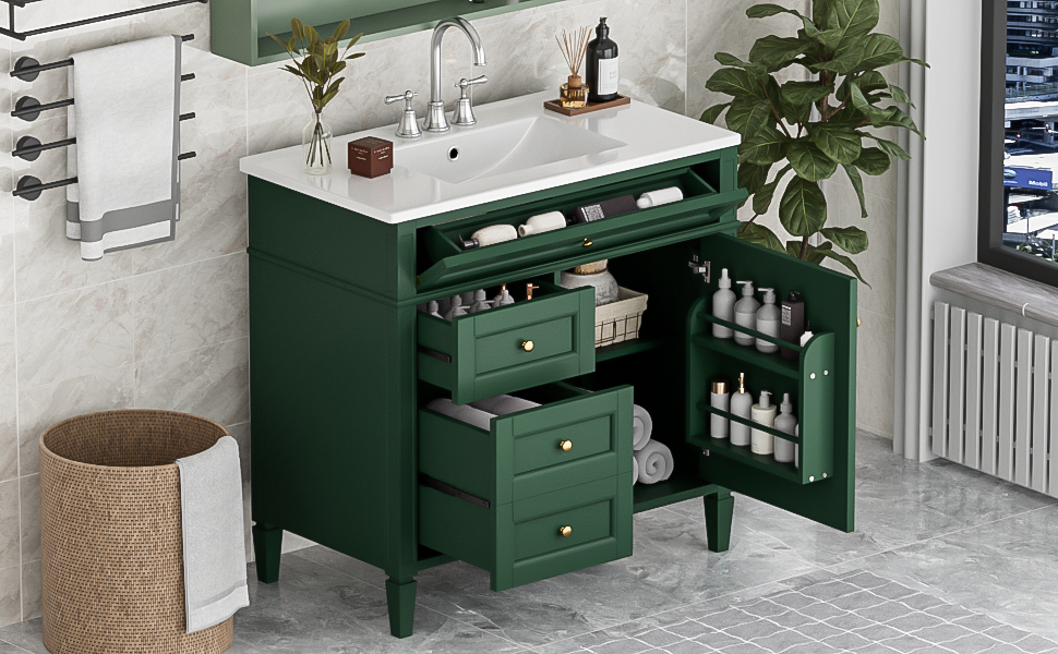 36'' Modern Bathroom Vanity with Sink & 3 Drawers - Garnet/Green