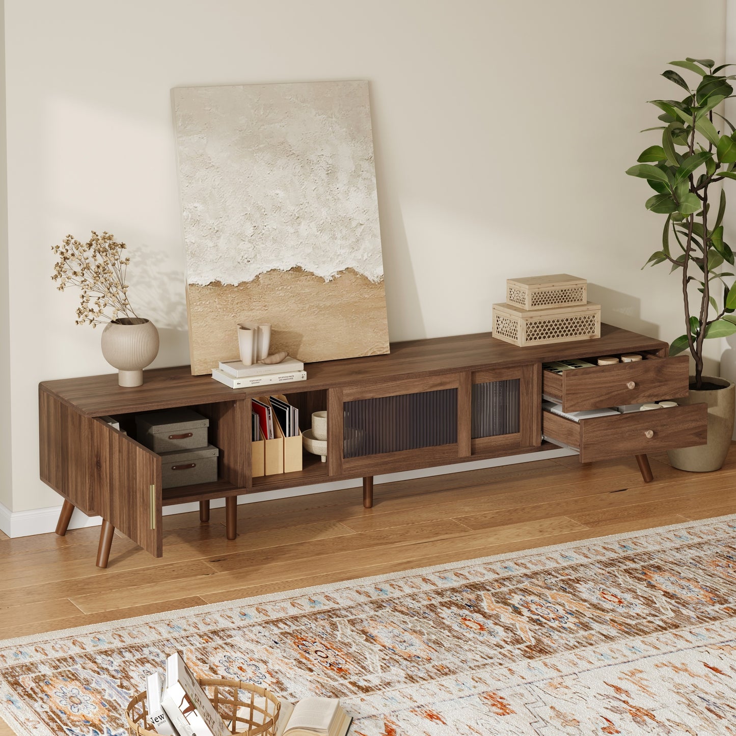 76" Modern Minimal Glass-Door TV Stand for 85" TVs - Natural