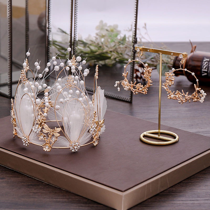 Pearl Bridal Crown Tiara with Earrings - Gold