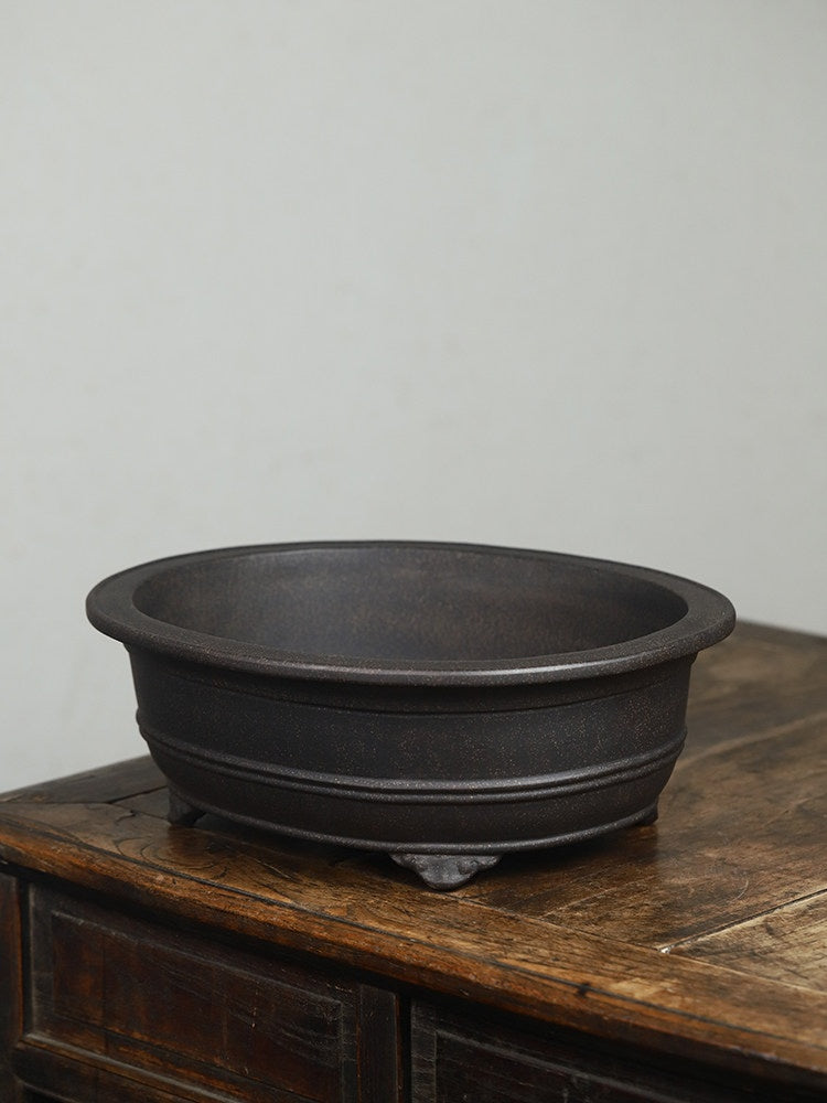 Oval Antique Bronze Clay Flower Pot with Pine and Cypress Trees - Yixing Style