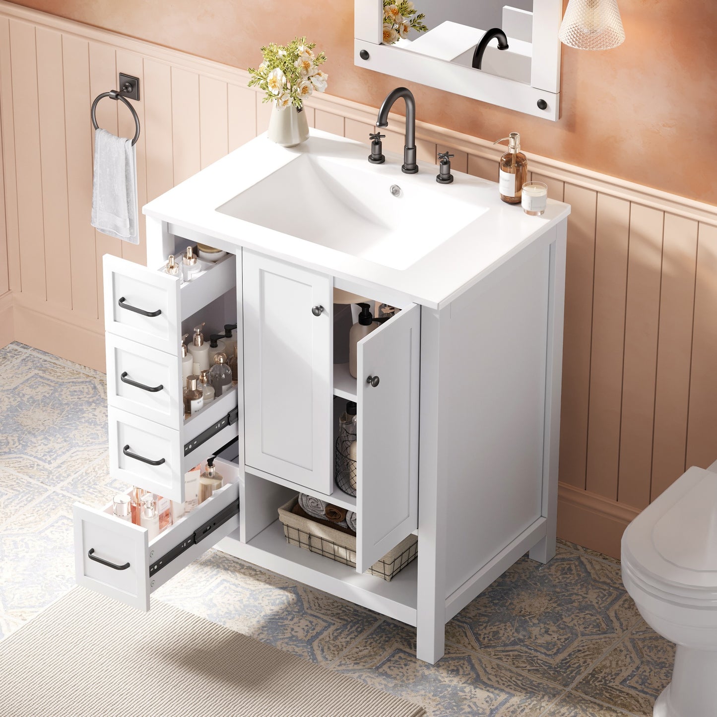 30" Solid Wood Bathroom Vanity with Sink Top and Storage - White
