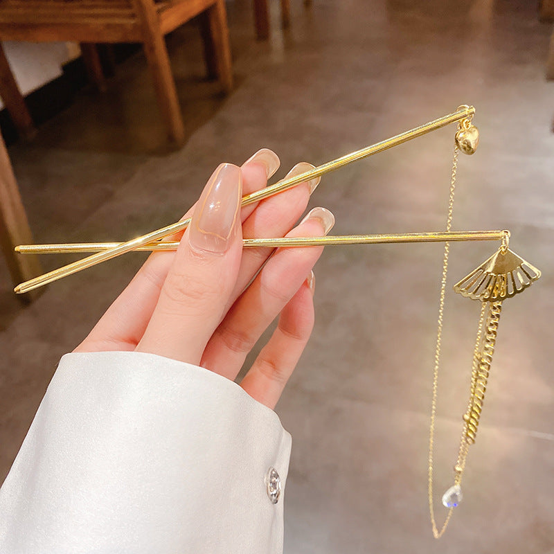 Gold Hairpin Set - Colorful Water Drop Love Fan Tassel Hair Accessories