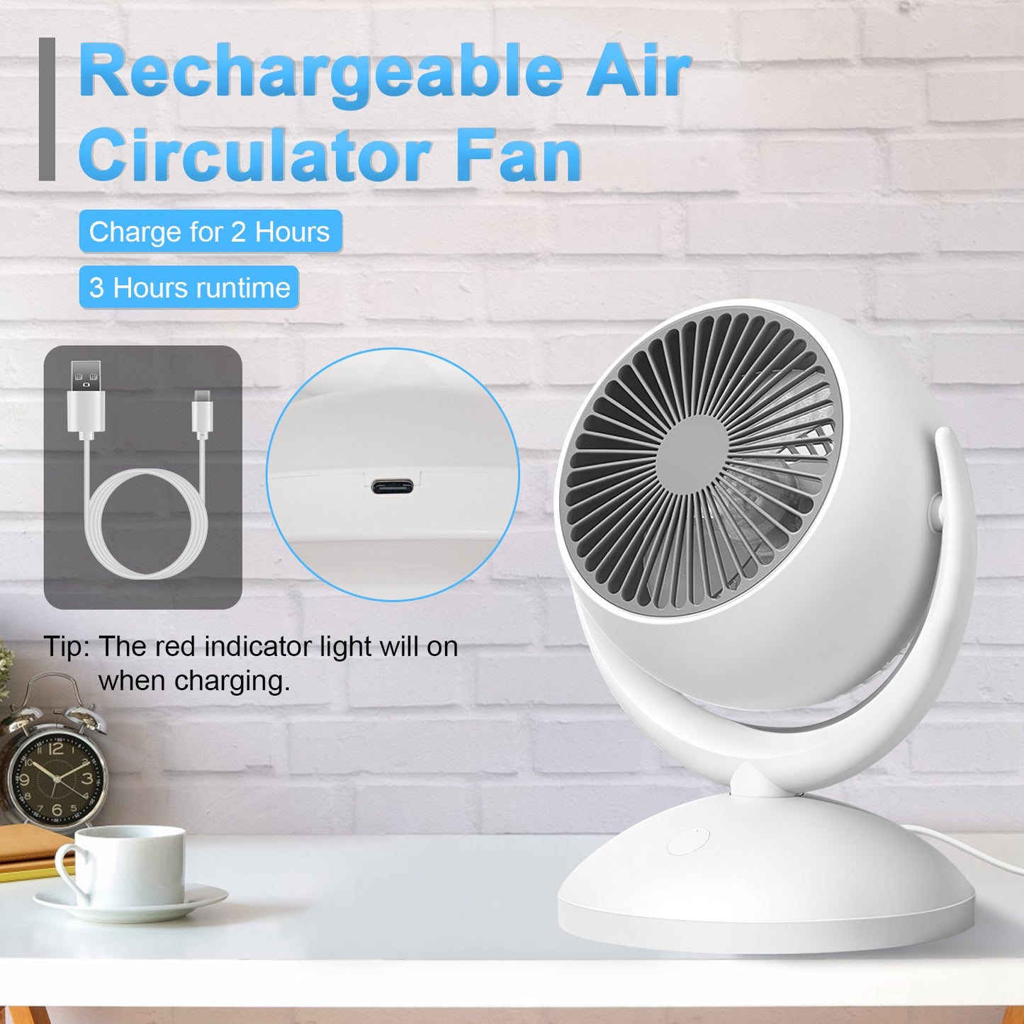 Portable Rechargeable Desk Fan with 4 Speeds & 360° Tilt - White