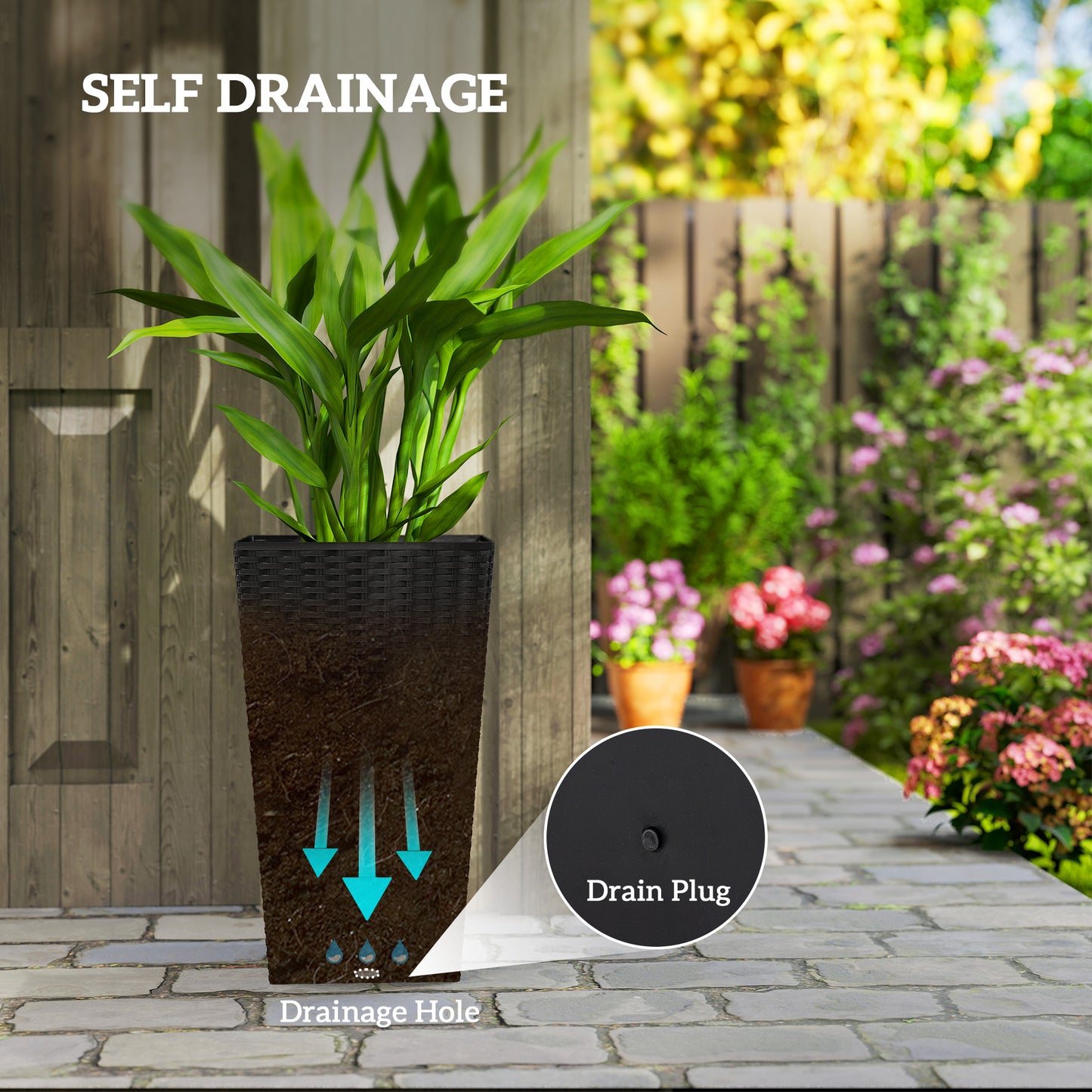 Set of 3 Tall Outdoor & Indoor Planters with Drainage Holes - Black, 24 Inches