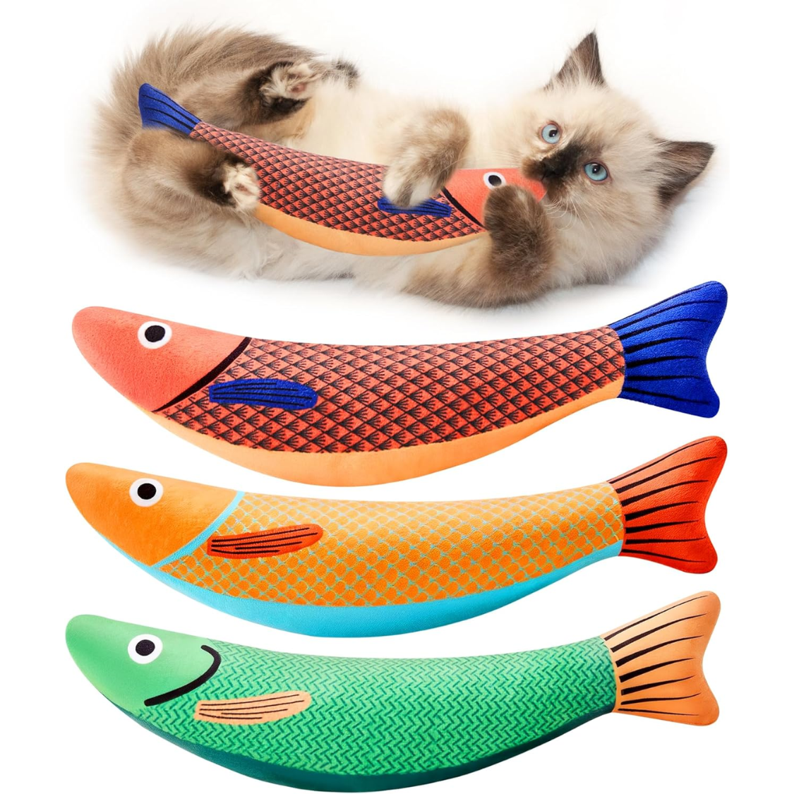 Interactive Catnip Fish Toys 3 Pack - Soft Plush, Crinkle Sound, Multicolor Kitten Kicker Toys
